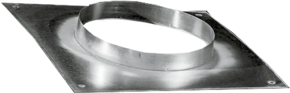 Metallene Anschlussplatte mit rundem Ausschnitt in der Mitte, zur Verbindung von Lüftungsanlagen, Hersteller Wolf. Rechteckige Grundfläche mit Montageschrauben an den Ecken.